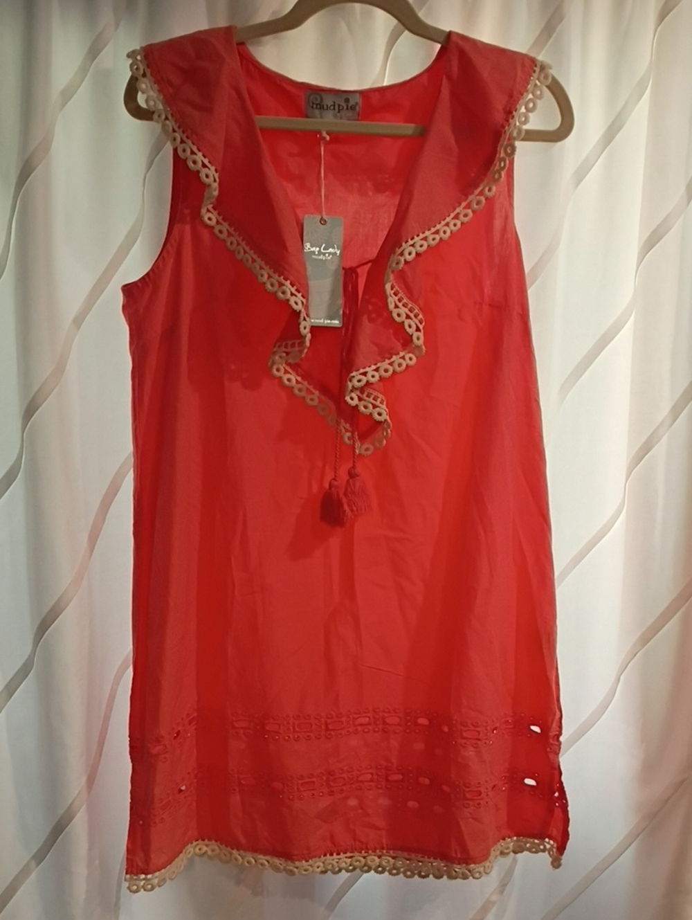 Nwt Mud Pie Bap Lady Sleeveless Coral Tunic Dress/ Long Top with Trim